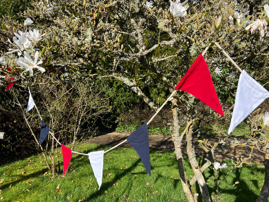 Union Jack, red, white and blue bunting on a magnolia tree. From Sterck & Co.