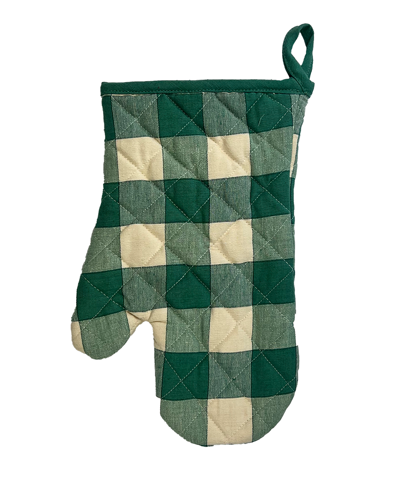 classic green and natural cotton check oven mitt from sterck & co.