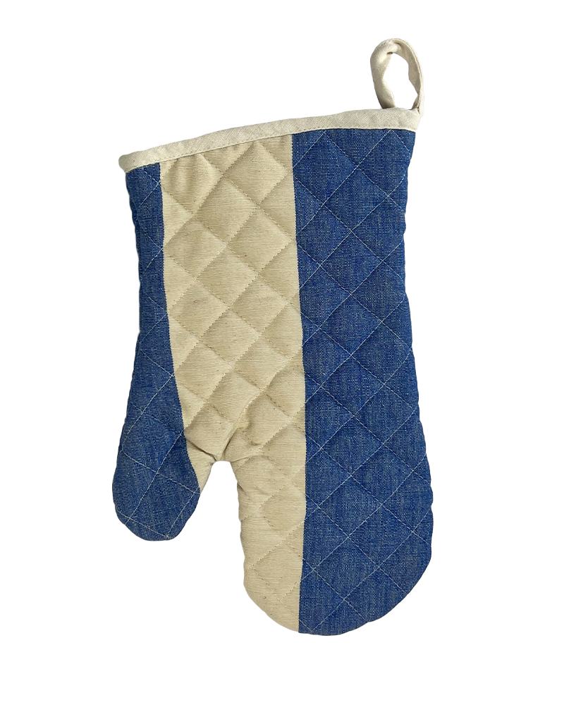 a bold, blue and natural cotton wide striped oven mitt from sterck & co.