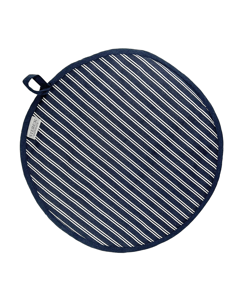 blue and white butcher-striped hob cover by sterck & co, featuring evenly spaced horizontal stripes. the cover is designed to protect and insulate the hob when not in use, adding a stylish touch to the kitchen with its classic stripe pattern.