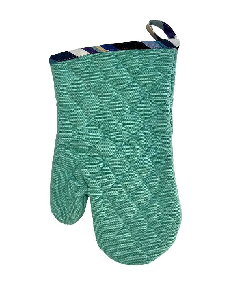 a mint green oven mitt with modern striped detailing at the cuff, from sterck & co.