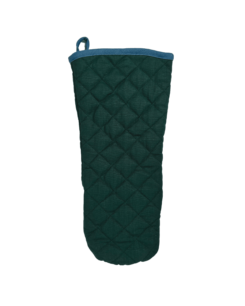 a classic green and blue oven gauntlet, perfect for the kitchen, bbq or pizza oven. from sterck & co.