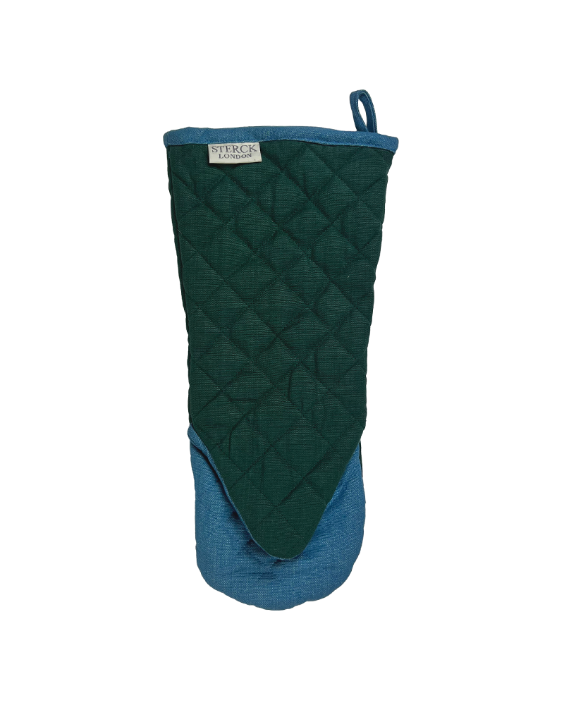 a classic green and blue oven gauntlet, perfect for the kitchen, bbq or pizza oven. from sterck & co.