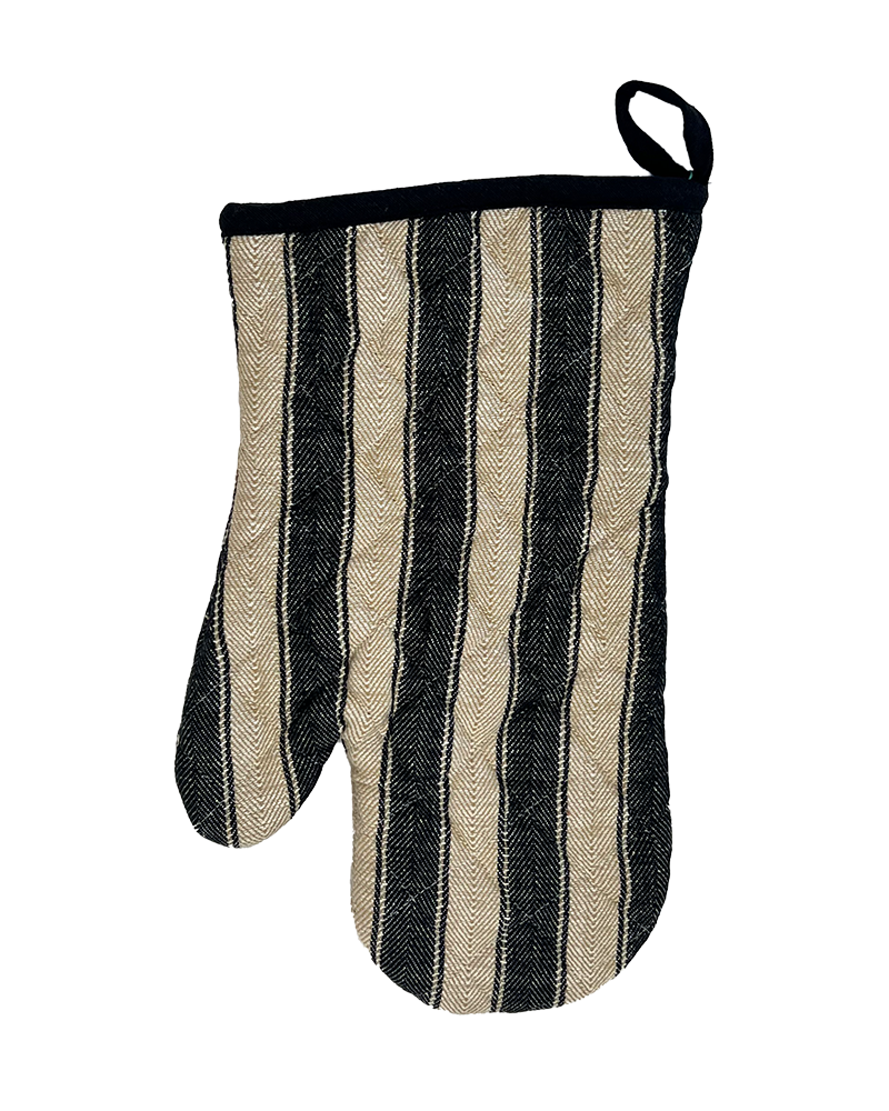 a black and natural cotton striped oven mitt from sterck & co.