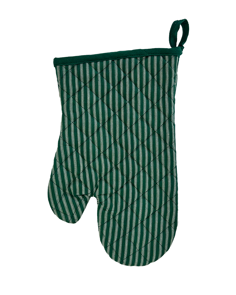 a stripey green oven glove with white ticking from sterck & co.