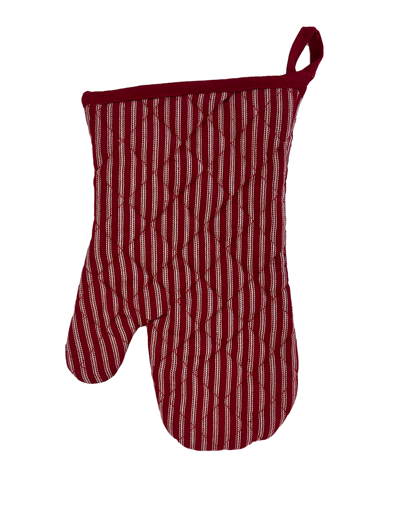 a stripey red oven glove with white ticking from sterck & co.