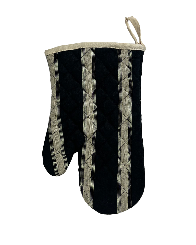 a black and natural cotton striped oven mitt from sterck & co.