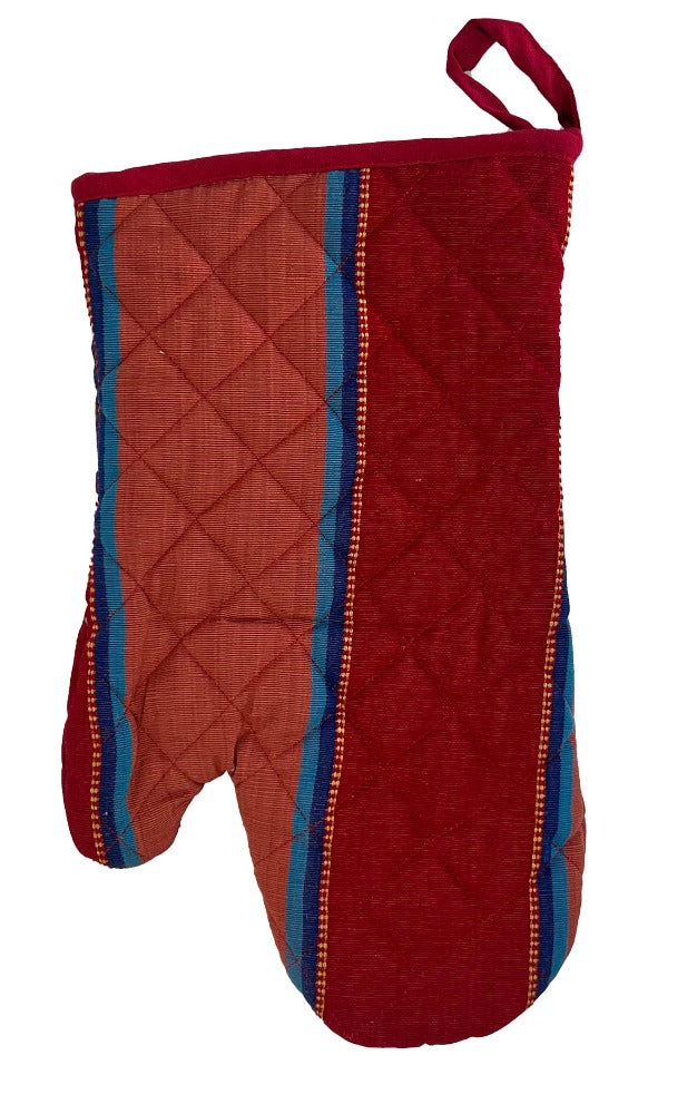 a vibrant and modern red and blue striped oven mitt from sterck & co.
