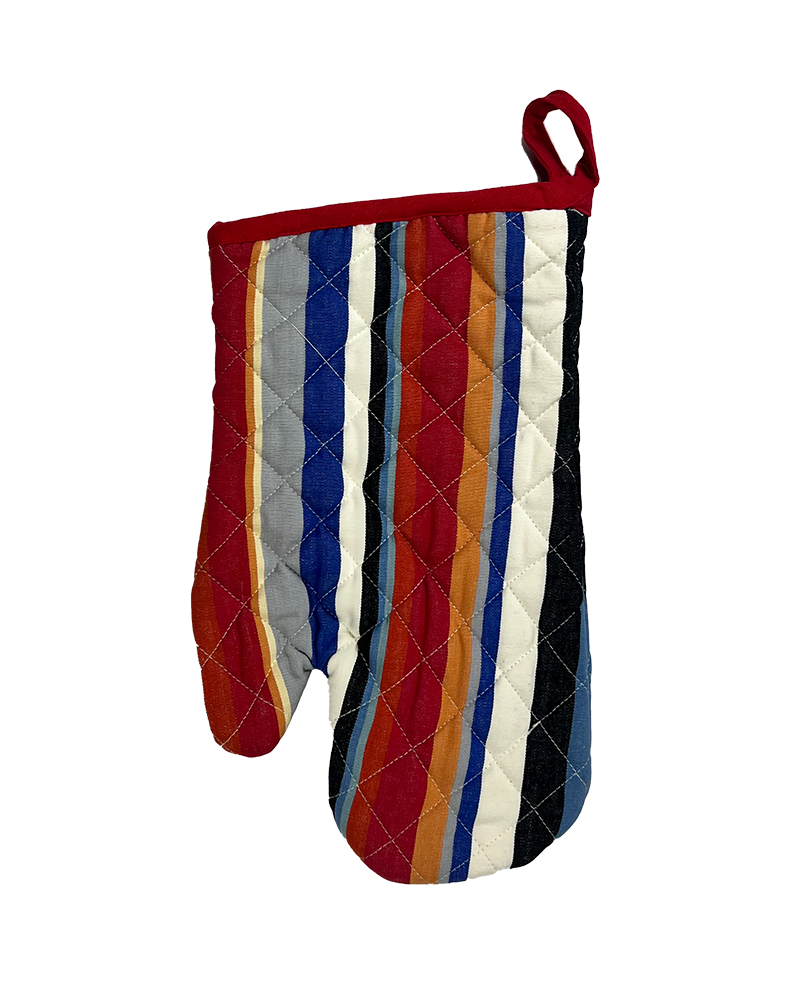a modern striped oven mitt with red, blue and white overtones from sterck & co.
