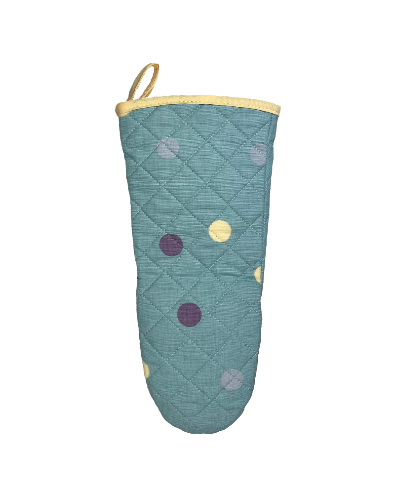 duck egg blue and multicoloured oven gauntlets with yellow detailing. from sterck & co.