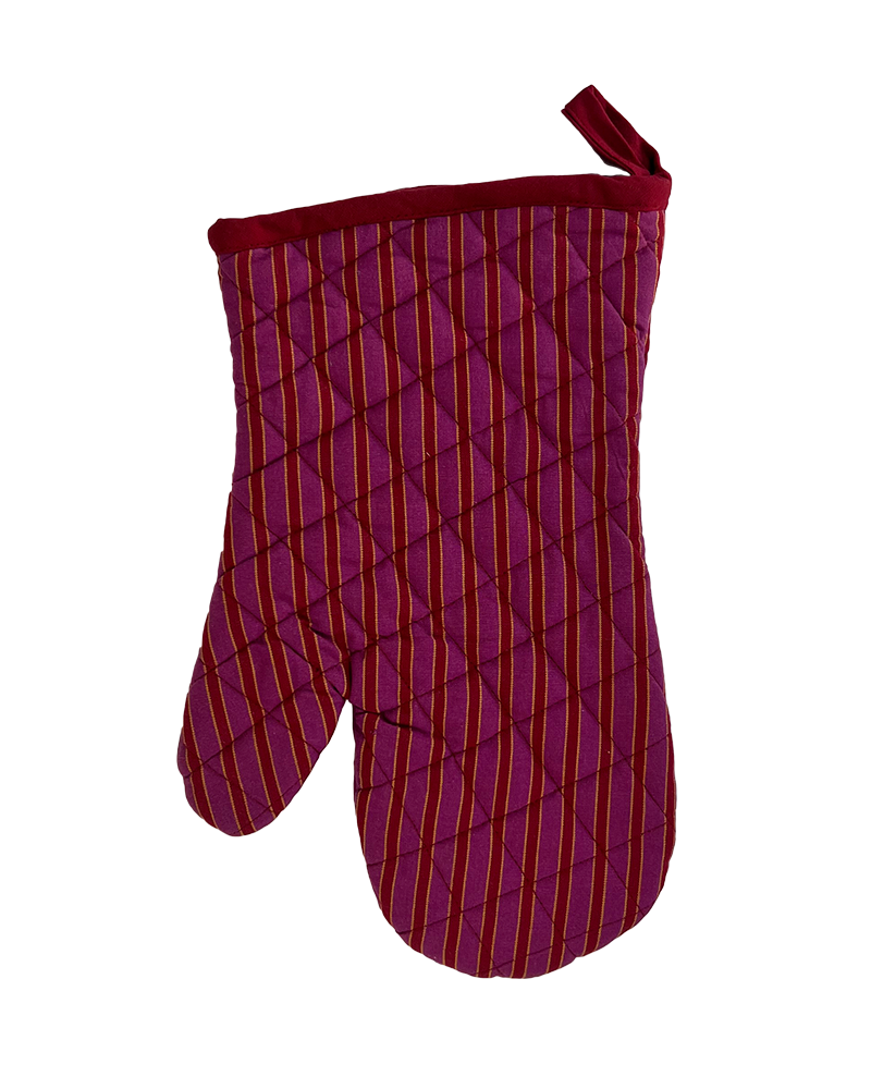 a vibrant modern purple and red striped oven mitt from sterck & co.