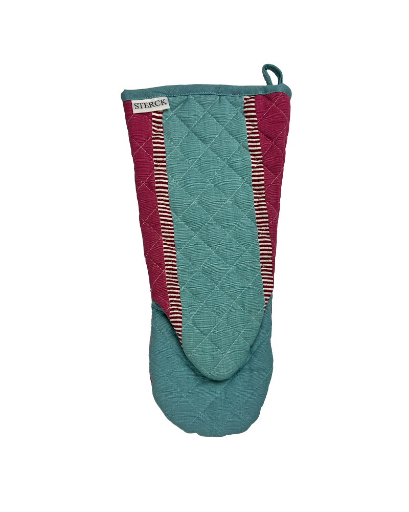 green and vibrant pink stripe oven gauntlet from sterck & co.