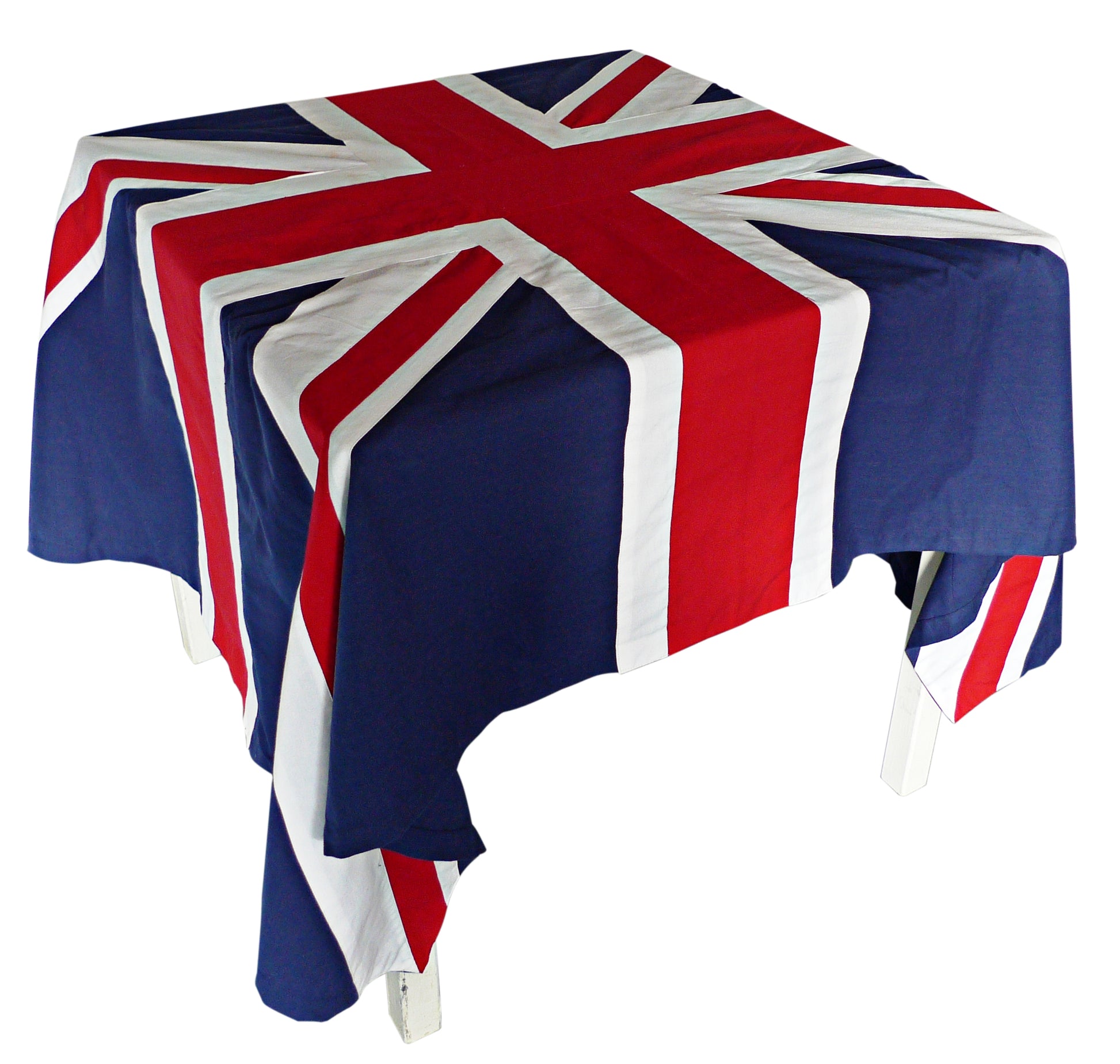 Union Jack tablecloth from Sterck & Co. Made from 100% cotton with an appliqué layered process .