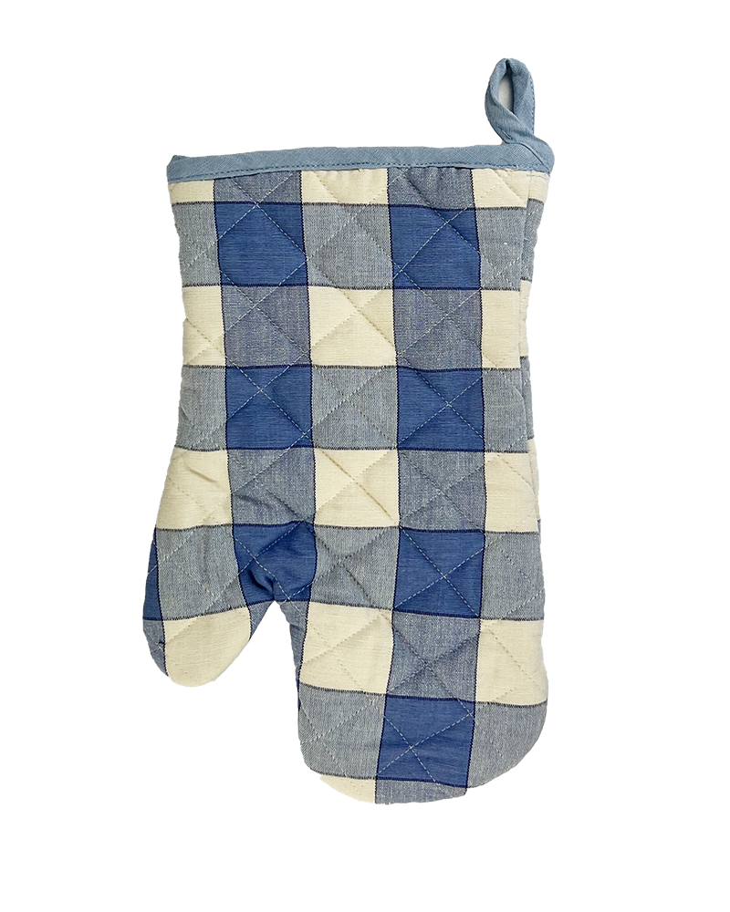 Classic blue and natural cotton check oven mitt from Sterck & Co.