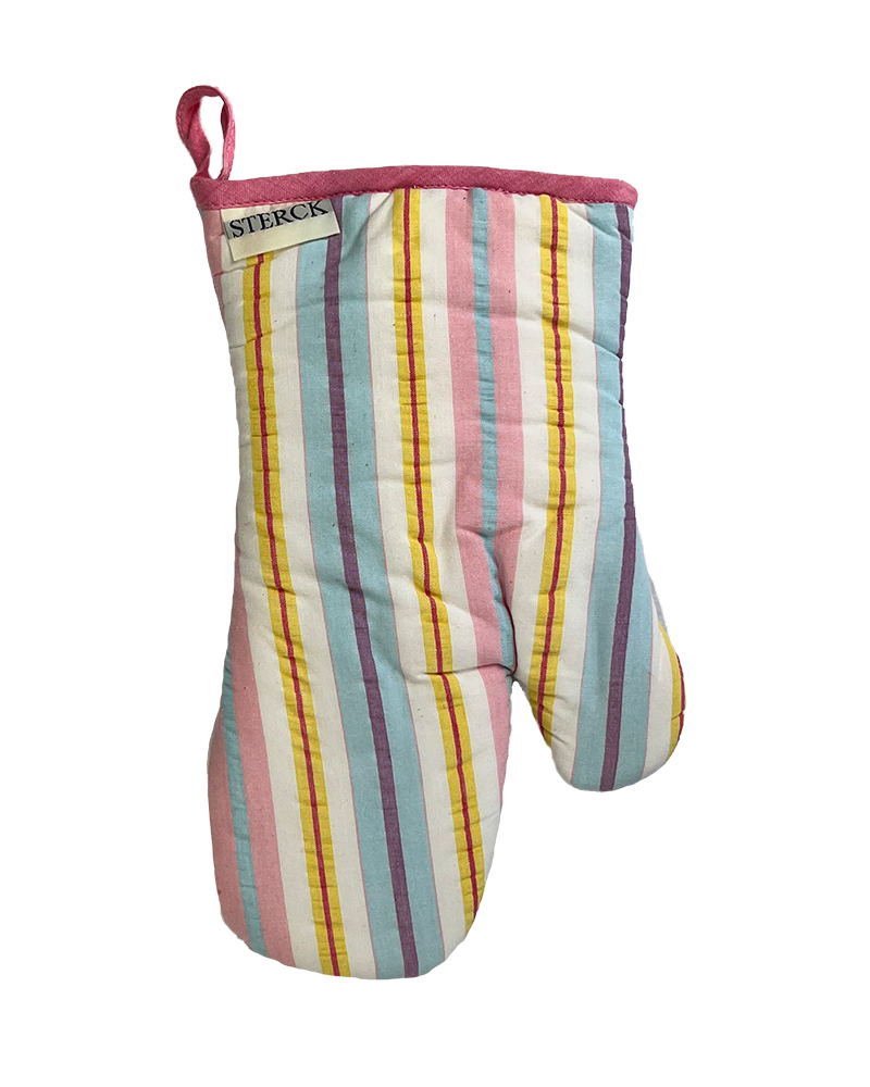Blue, pink and yellow pastel striped oven mitt with pink heart motif from Sterck & Co.