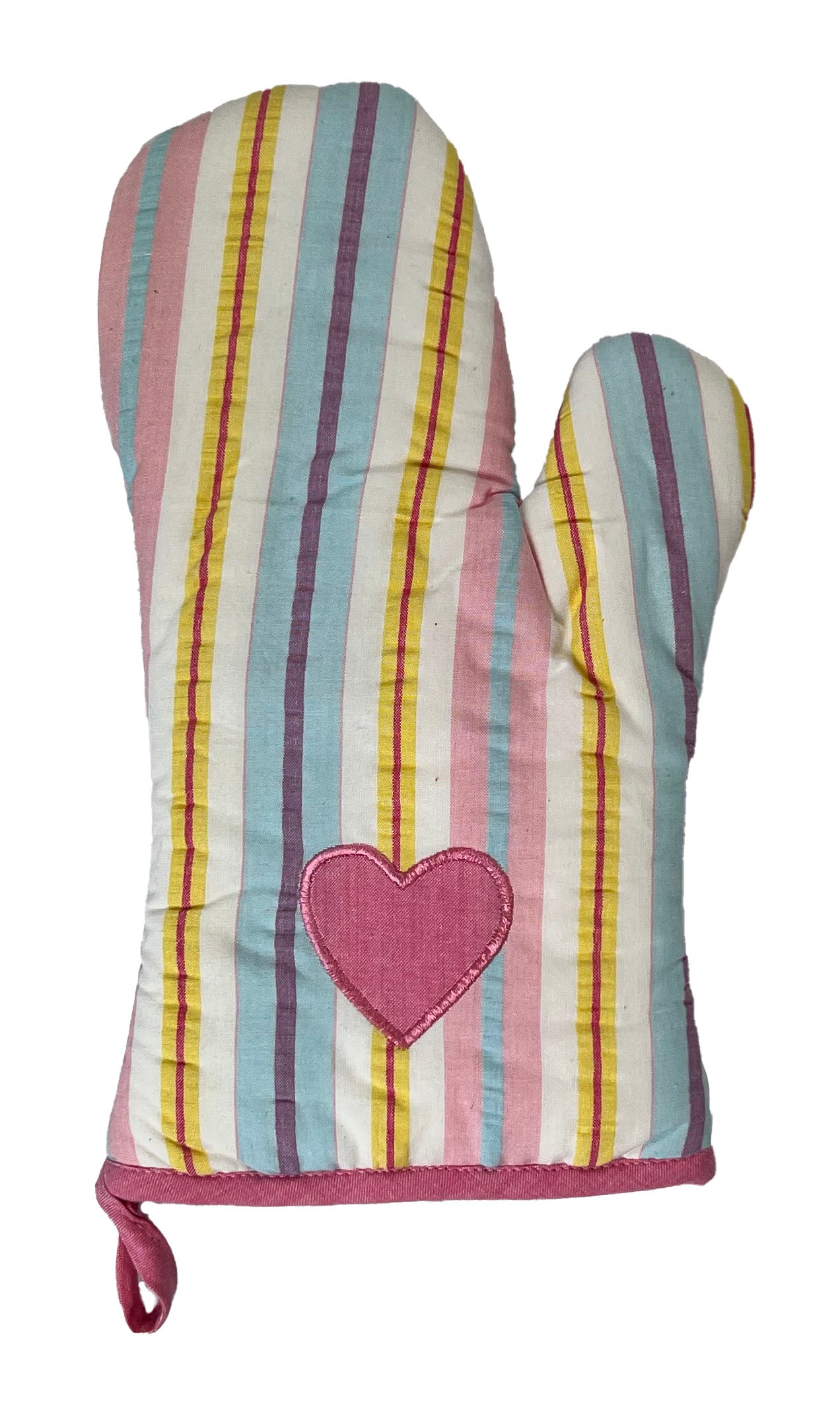 Blue, pink and yellow pastel striped oven mitt with pink heart motif from Sterck & Co.