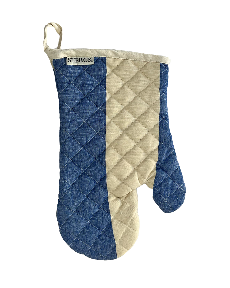 a bold, blue and natural cotton wide striped oven mitt from sterck & co.
