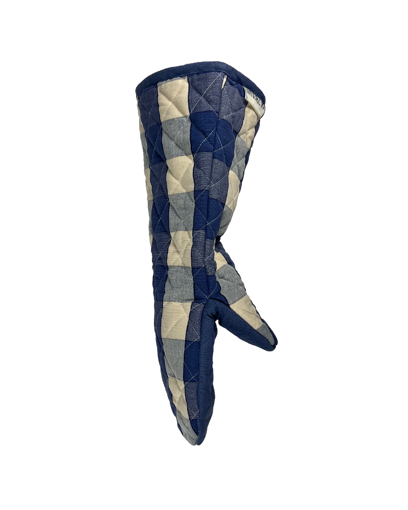 A popular classic blue and natural cotton check oven gauntlet from Sterck & Co. 