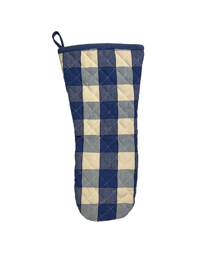 a popular classic blue and natural cotton check oven gauntlet from sterck & co. 