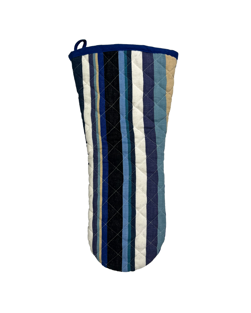 a modern blue based striped oven gauntlet from sterck & co.