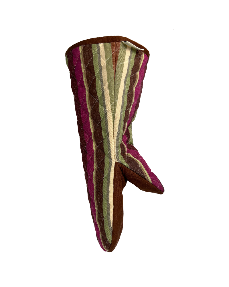 a modern striped oven glove from sterck & co. green, purple and plum.