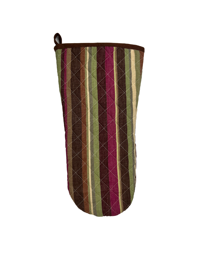 a modern striped oven glove from sterck & co. green, purple and plum.