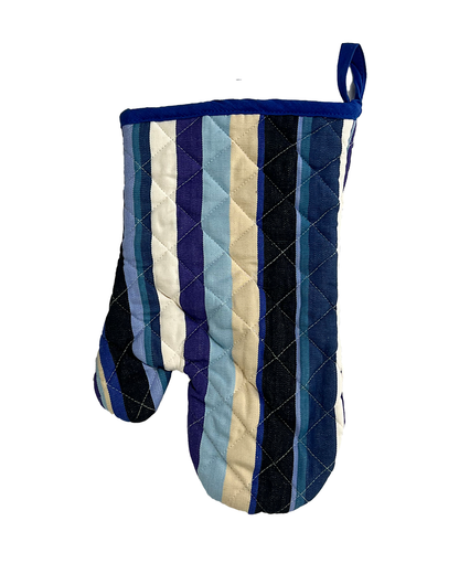 A modern striped oven mitt with blue overtones, from Sterck & Co.