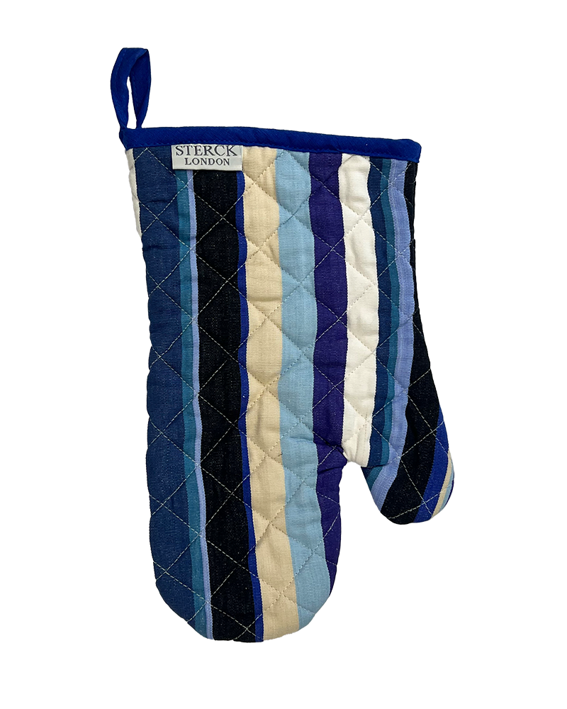 A modern striped oven mitt with blue overtones, from Sterck & Co.