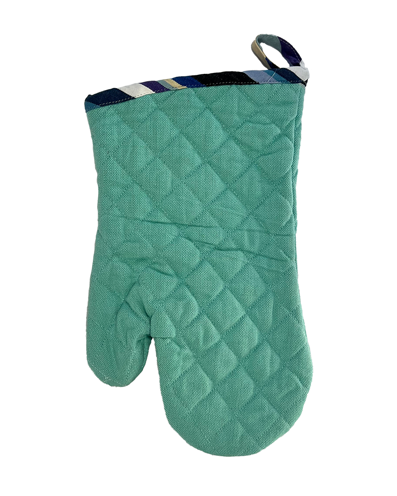 A mint green oven mitt with modern striped detailing at the cuff, from Sterck & Co.