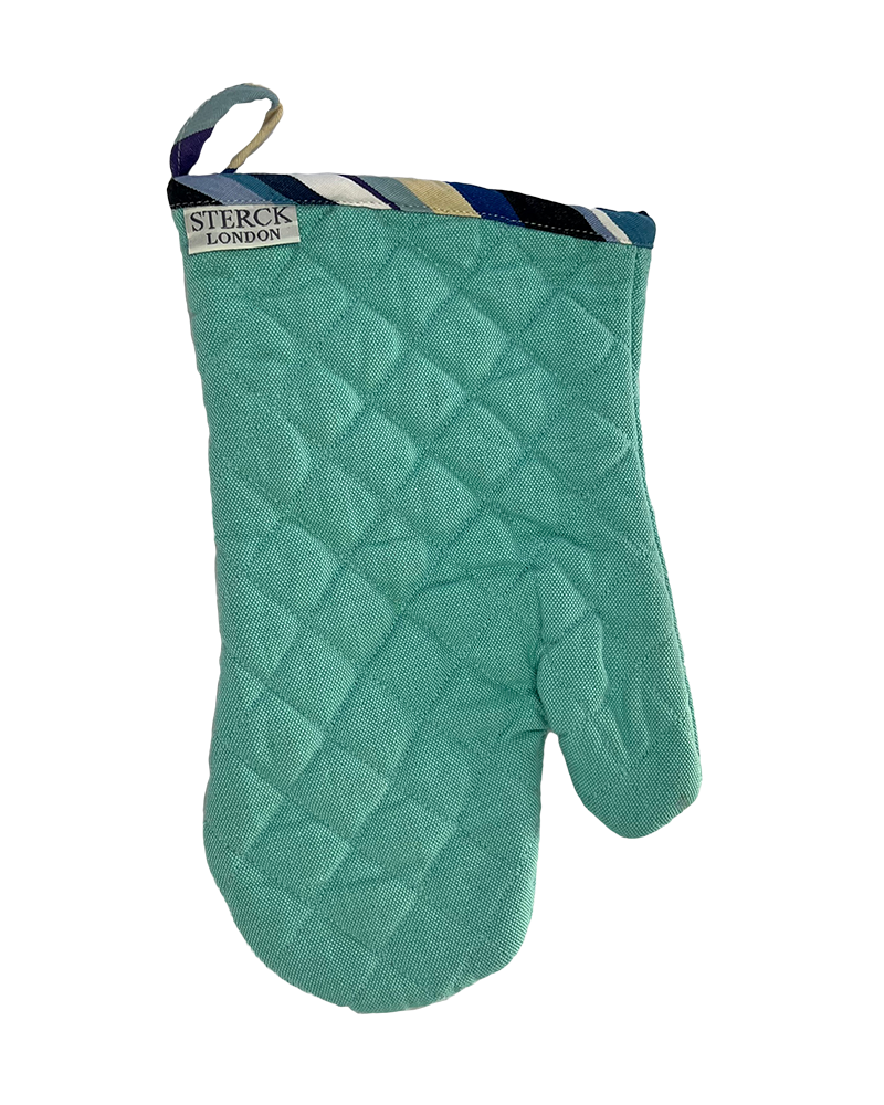 a mint green oven mitt with modern striped detailing at the cuff, from sterck & co.