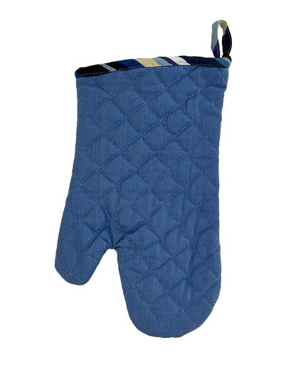 Sky blue oven mitt with striped detailing at the cuff, from Sterck & Co.