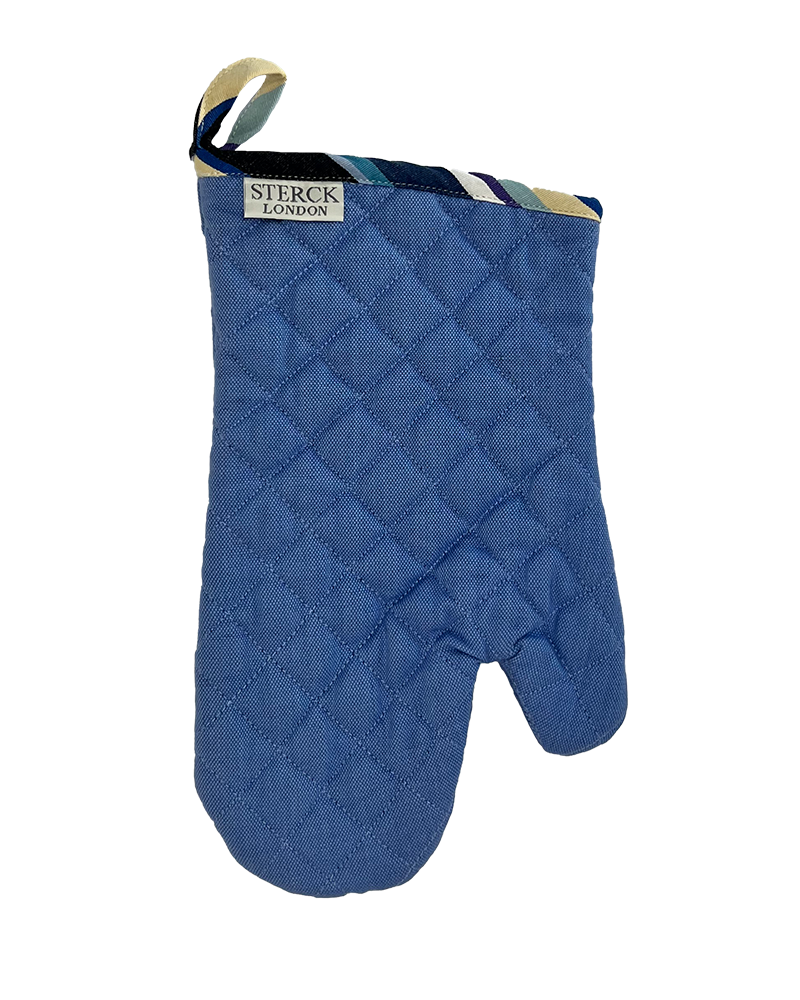 sky blue oven mitt with striped detailing at the cuff, from sterck & co.