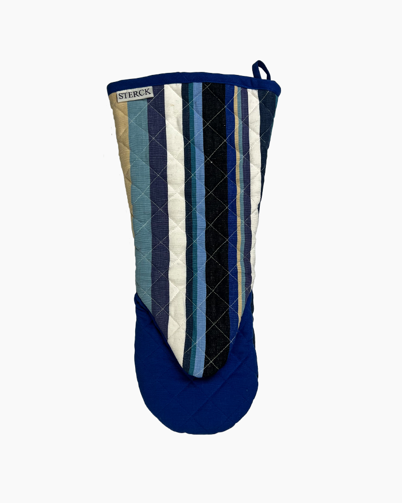 a modern blue based striped oven gauntlet from sterck & co.