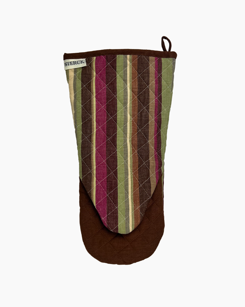 a modern striped oven glove from sterck & co. green, purple and plum.