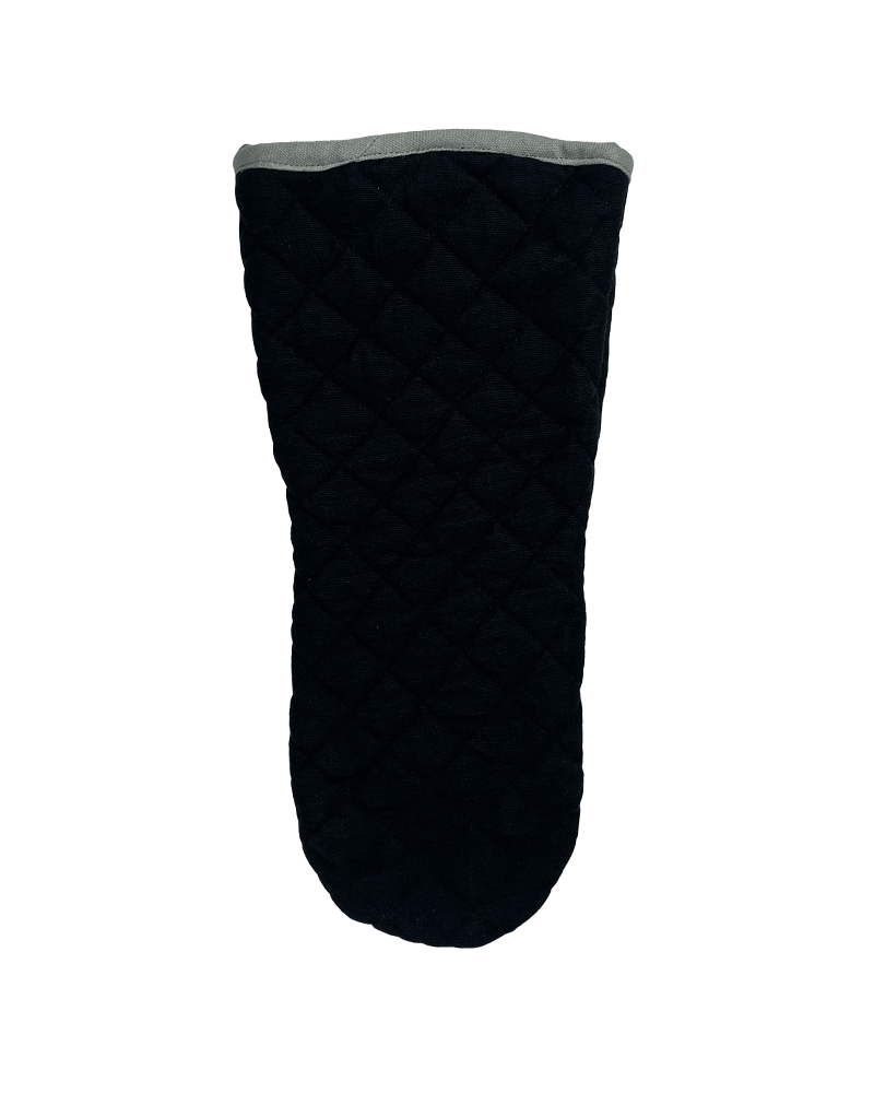 A stylish and practical black oven gauntlet with grey detailing