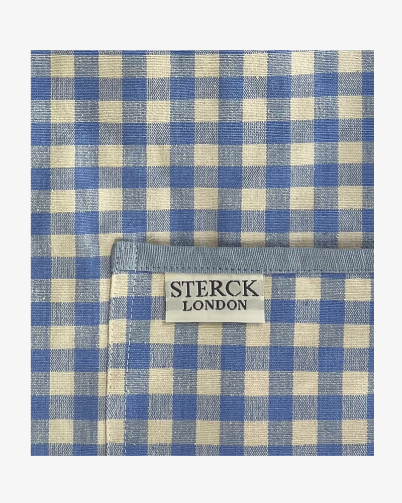 blue gingham apron for children with large front pocket and adjustable neck strap. sterck & co. close up of fabric and pocket detailing.