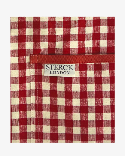 Red gingham apron for child - close up colour square showing pocket edging