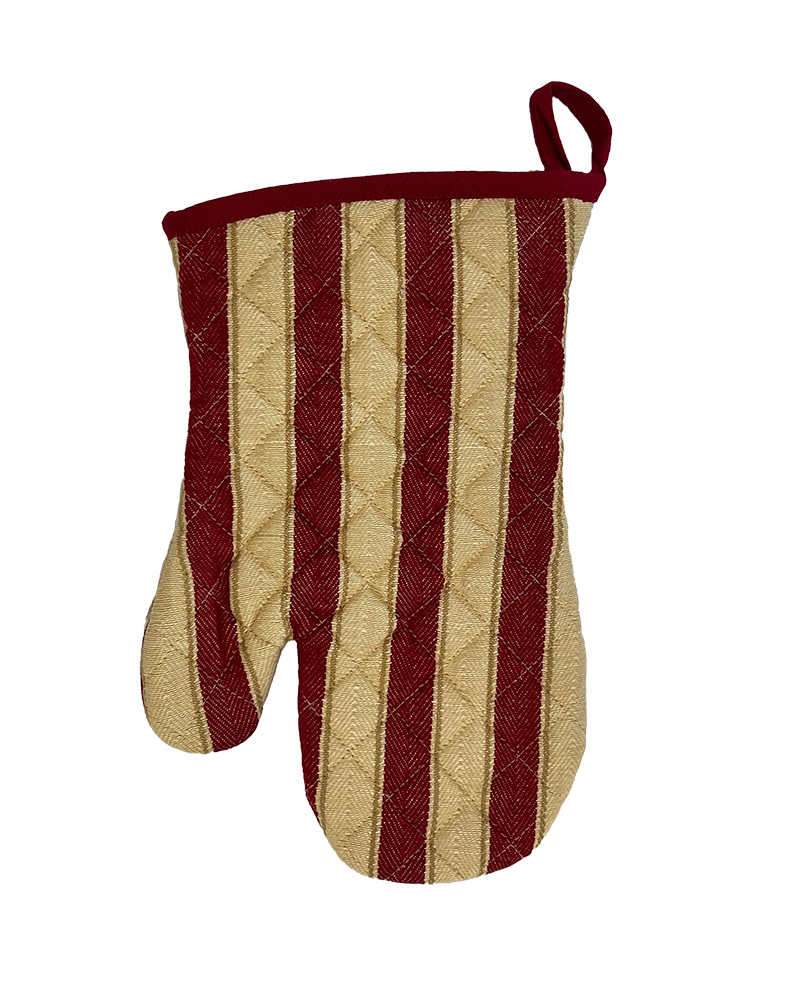 a red and natural cotton striped oven mitt from sterck & co.