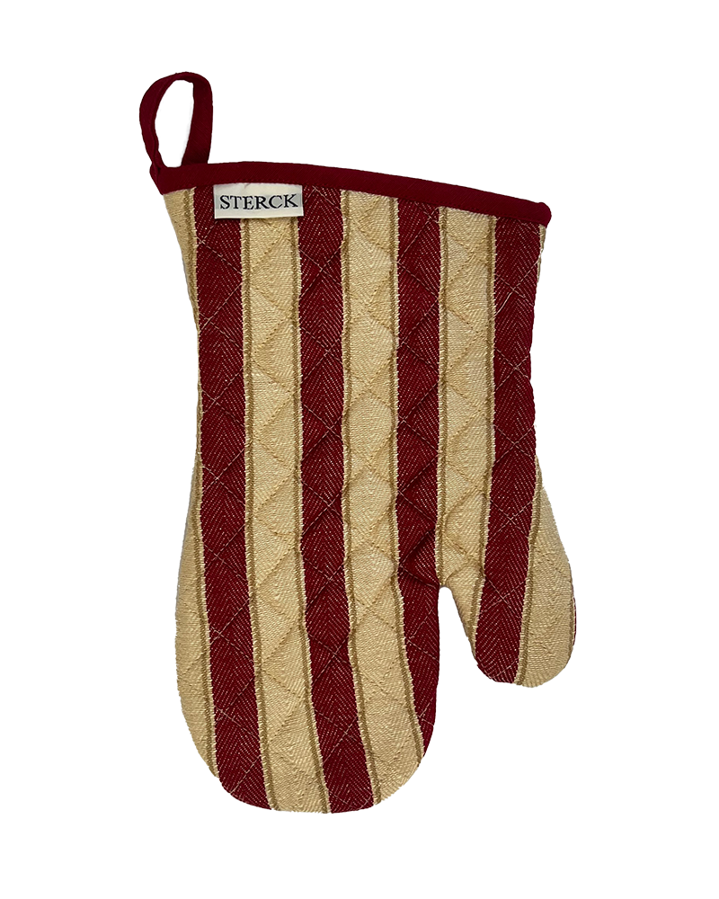 A red and natural cotton striped oven mitt from Sterck & Co.