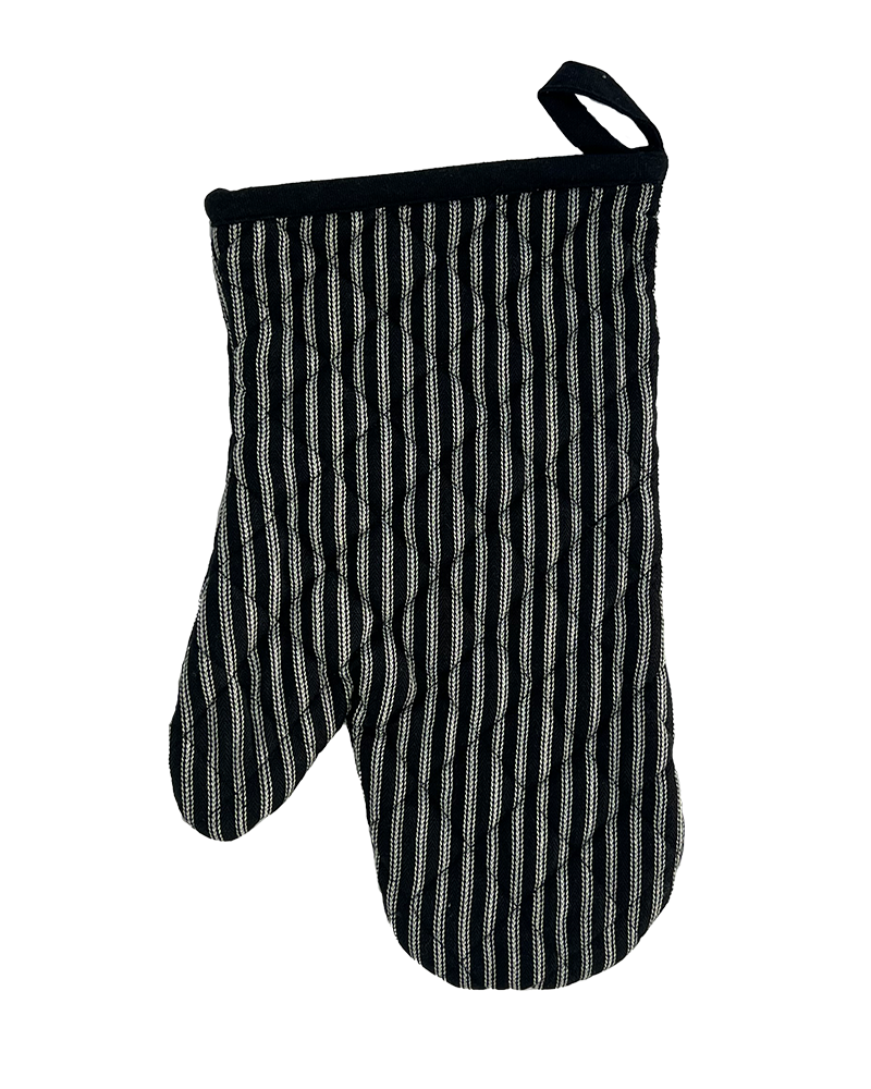 a stripey black oven glove with white ticking from sterck & co.