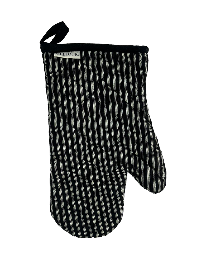 A stripey black oven glove with white ticking from Sterck & Co.