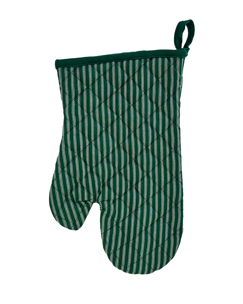 A stripey green oven glove with white ticking from Sterck & Co.