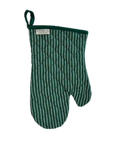 A stripey green oven glove with white ticking from Sterck & Co.