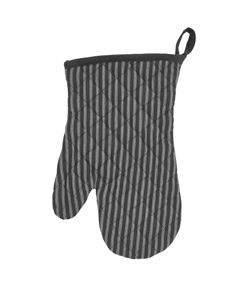 A stripey grey oven glove with white ticking from Sterck & Co.