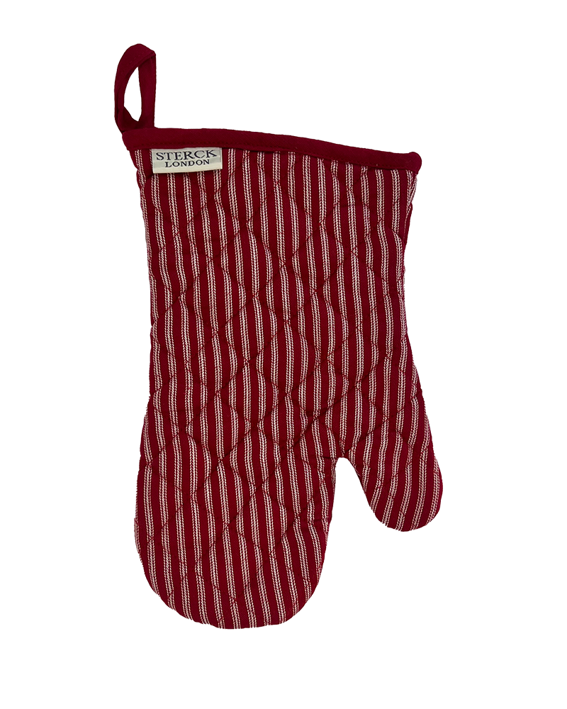 A stripey red oven glove with white ticking from Sterck & Co.