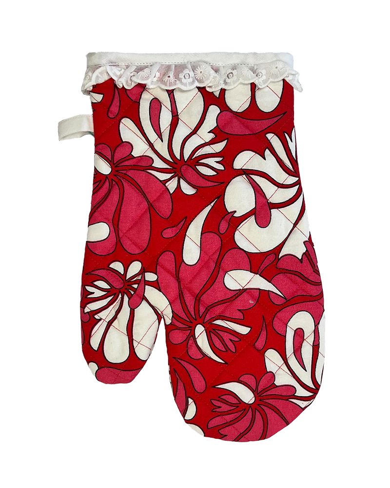 Pink, red and white floral oven mitt with a lace cuff. From Sterck & Co.