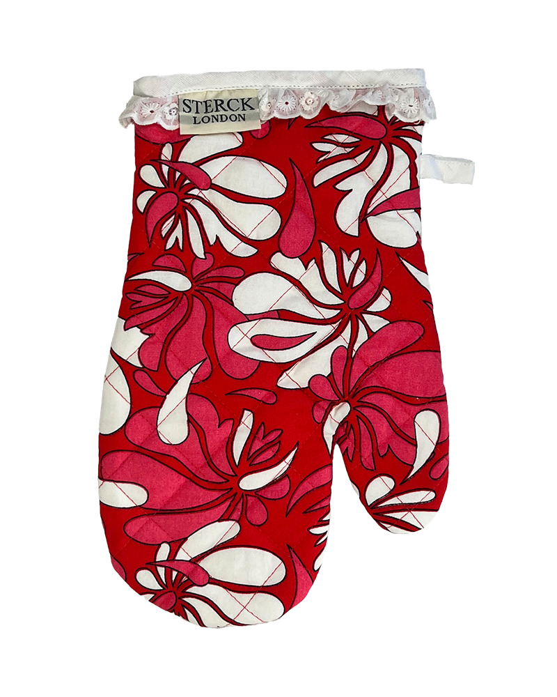 pink, red and white floral oven mitt with a lace cuff. from sterck & co.