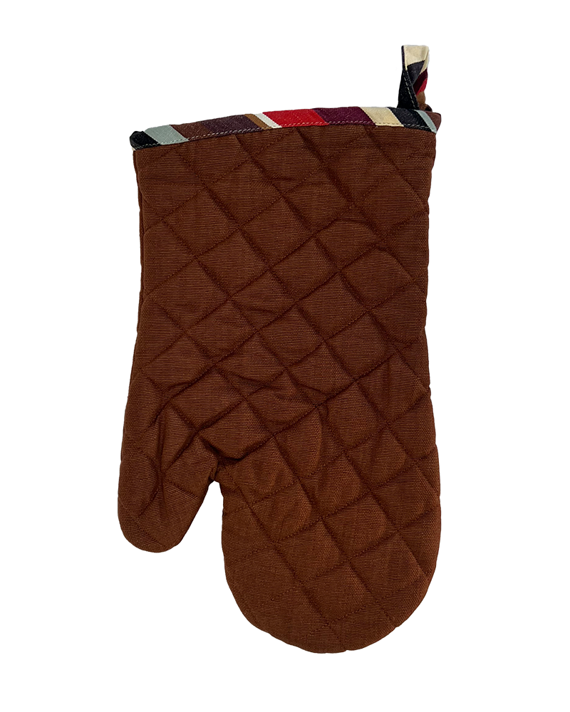A brown oven glove with striped detailing from Sterck & Co.