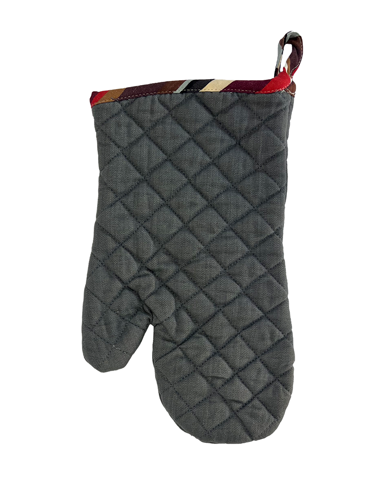 A grey oven glove with striped detailing from Sterck & Co.