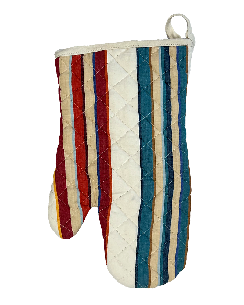 a vibrant and modern multi-coloured oven mitt from sterck & co.